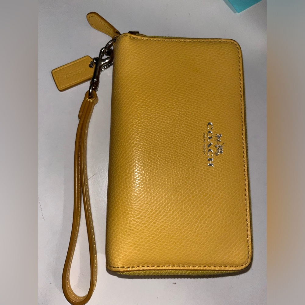 yellow, coach long wristlet wallet - zipper coin pocket, multi card slots
